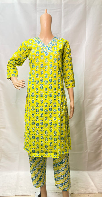Green Cotton Kurti Pant Set