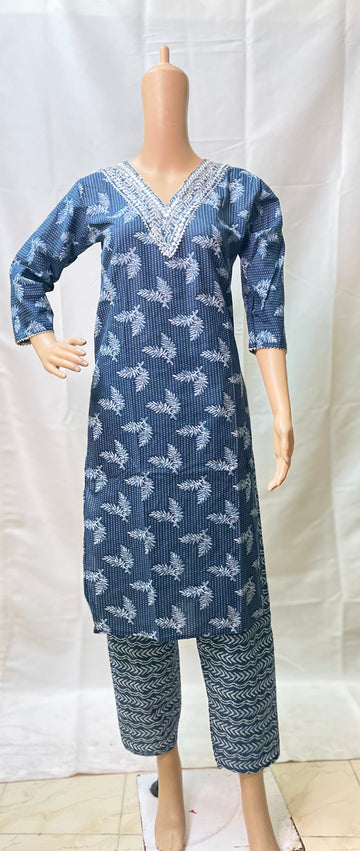 Blue Cotton Kurti Pant Set
