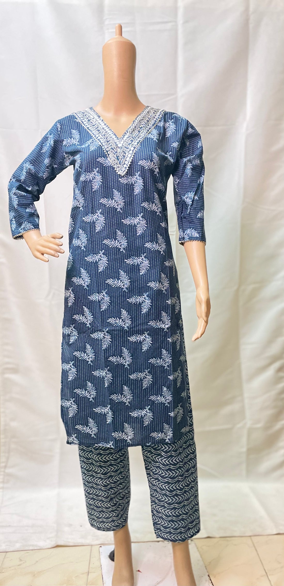Blue Cotton Kurti Pant Set