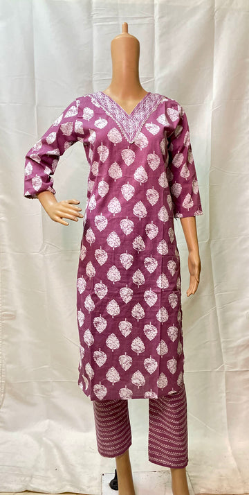 Pink & white Cotton Kurti Pant Set